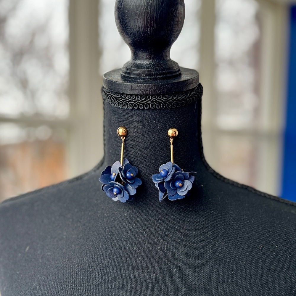 J. Crew Navy & Gold Floral Drop Statement Earrings